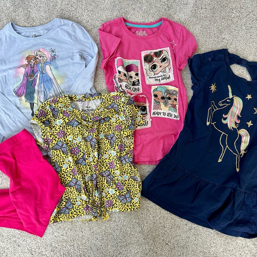 Girl’s Clothes Bundle - Frozen, LOL, Encanto, Unicorn size 7/8 t-shirts &capris